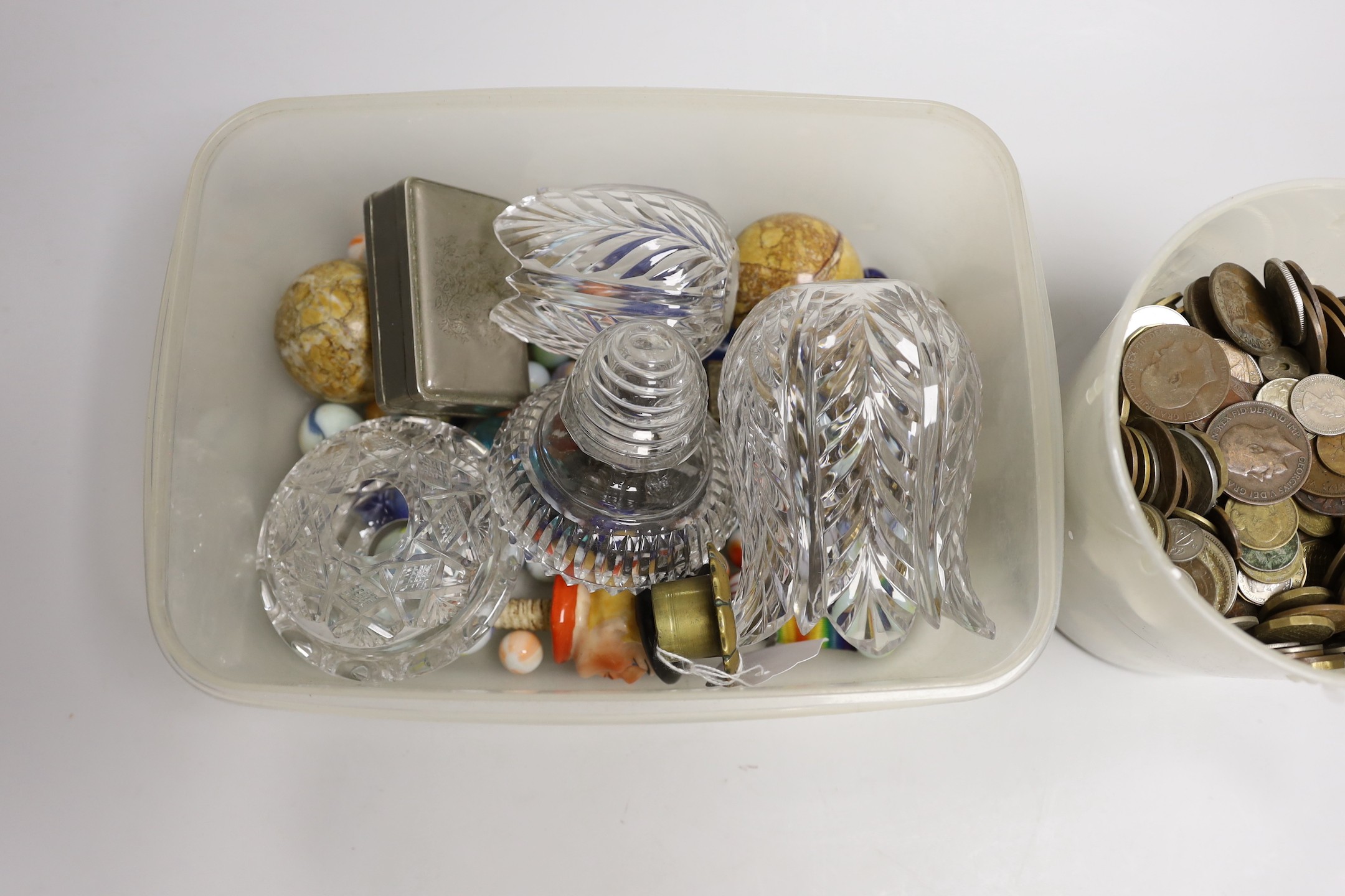 Cut glass light fitments, a quantity of marbles and mixed coinage etc
